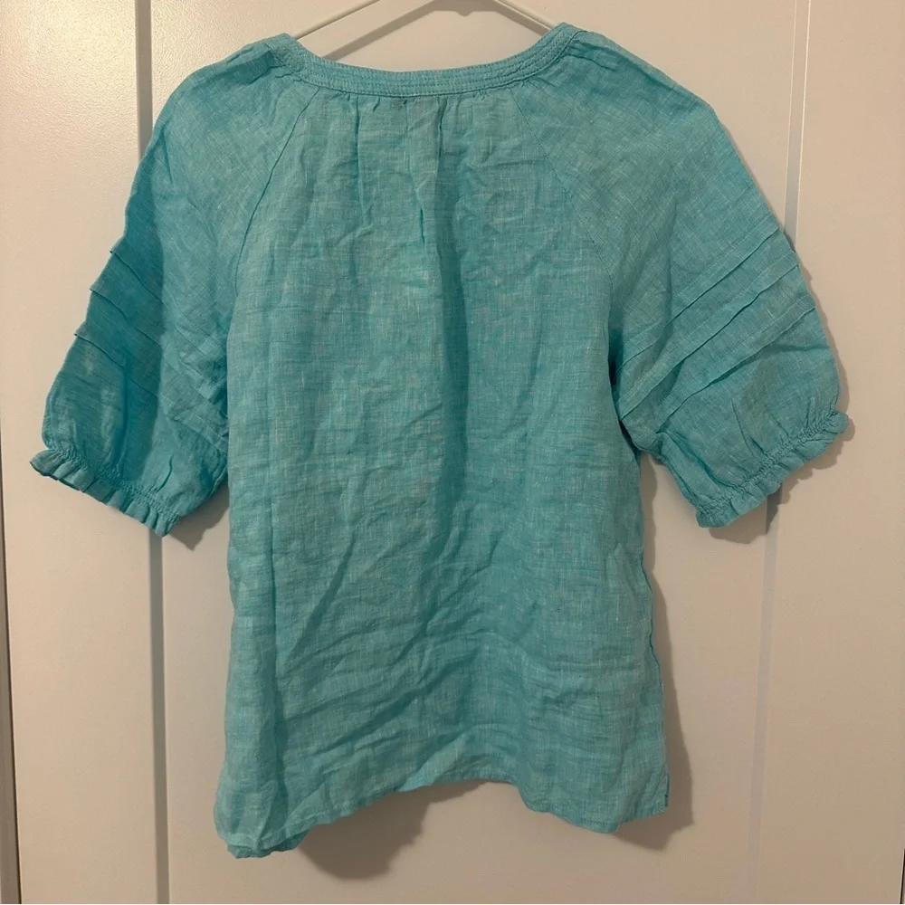 Talbots Aqua Blue Linen Peasant Tunic With Pleated Sleeves Size SP Women’s NWT - Picture 9 of 14